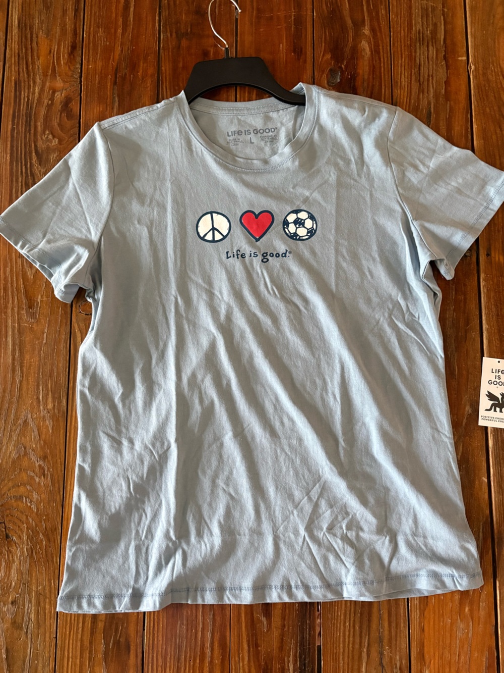 Life Is Good Light Blue Short Sleeve Tee with Peace, Heart & Soccer Icons